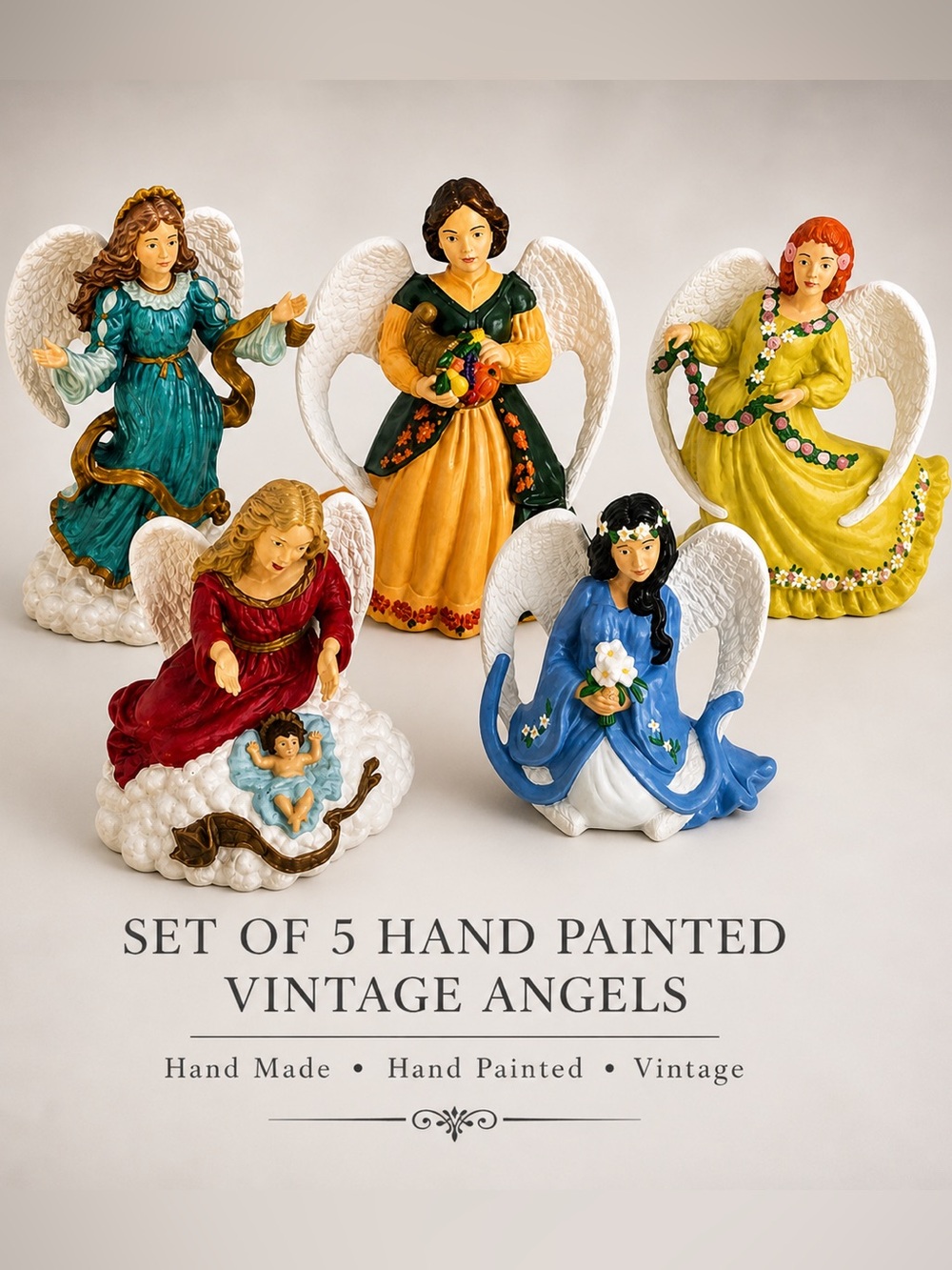 Set of 5 Hand-Painted Vintage Angel Figurines - Multicolor